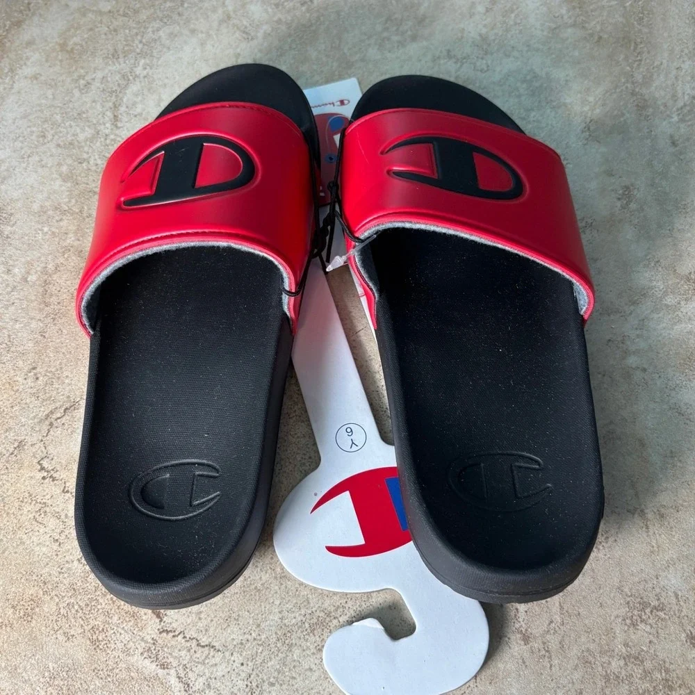 Champion IPO Slides Red Black Big C Logo Athletic Sandals Men Youth Size 6
